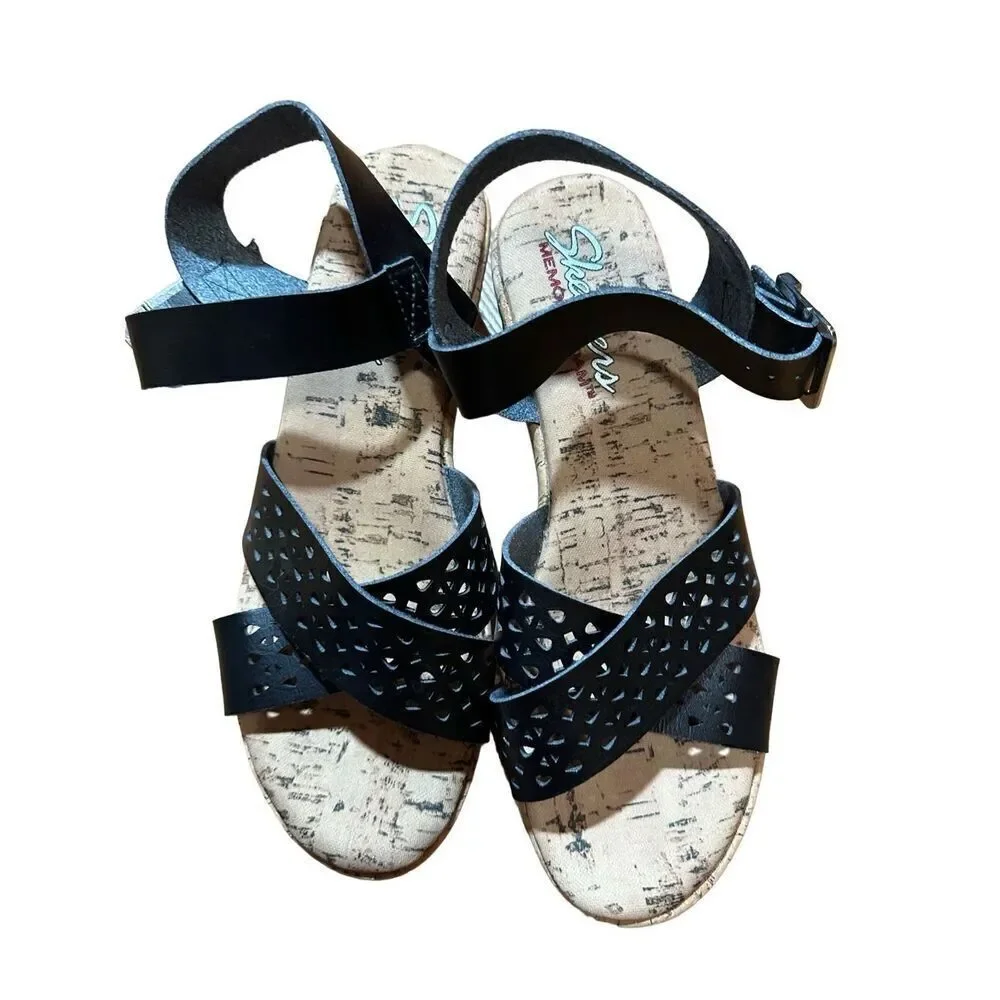 Skechers Womens sz 8‎ Black Bohemias Urban Pixie Platform Wedge Sandals
